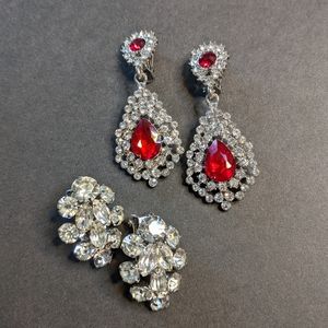 Lot of 2 Clip On Costume Earrings Faux Diamond Ruby Chandelier
